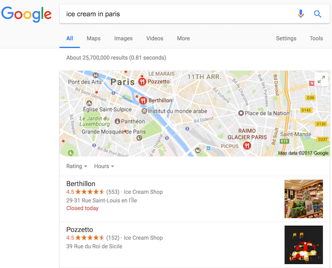 與冰淇淋店相關(guān)的 Google 搜索結(jié)果，顯示了由結(jié)構(gòu)化數(shù)據(jù)實(shí)現(xiàn)的富媒體搜索結(jié)果。