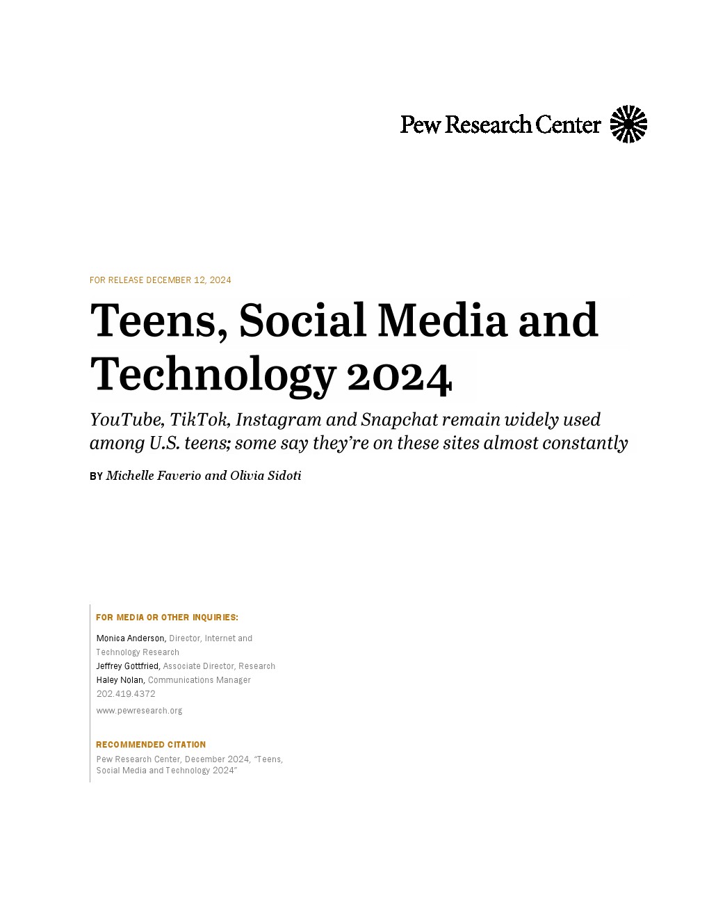 皮尤：2024年青少年、社交媒體和科技報告